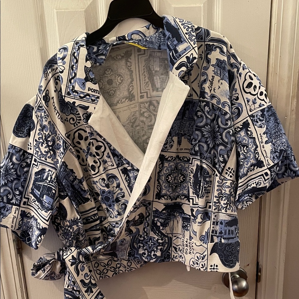 Blue and White Patterned Wrap Top